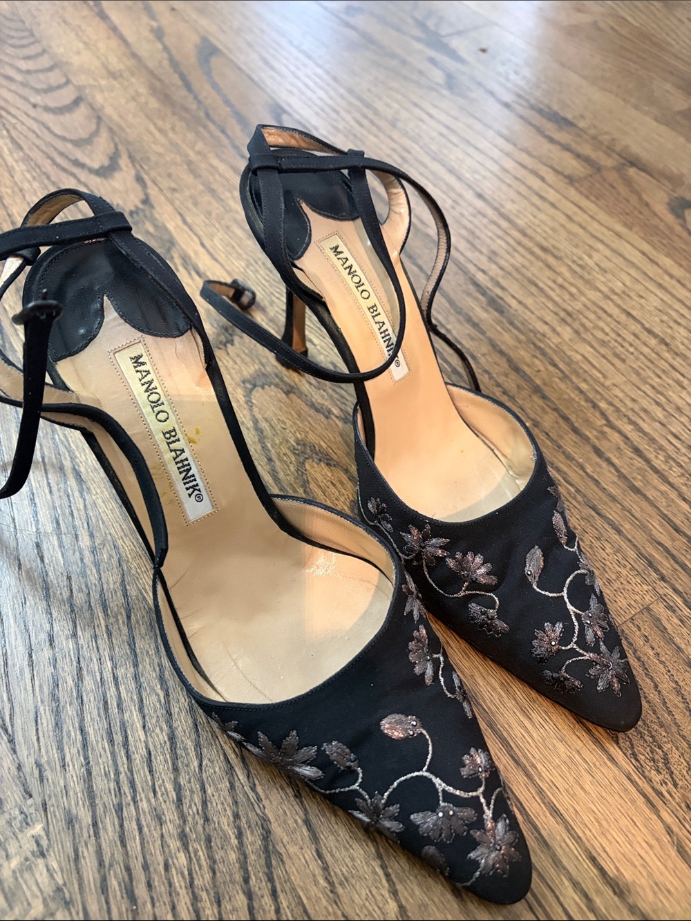 Manolo Blahnik Black Satin Pointed-Toe Embroidered Ankle-Strap Heels